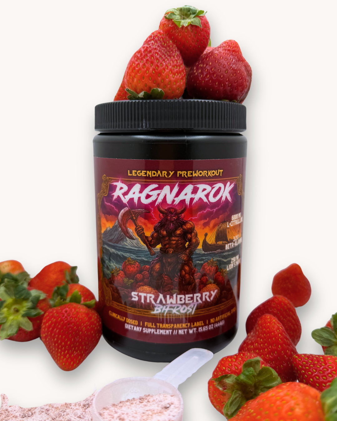 Ragnarok Strawberry Bifrost pre-workout tub with fresh strawberries