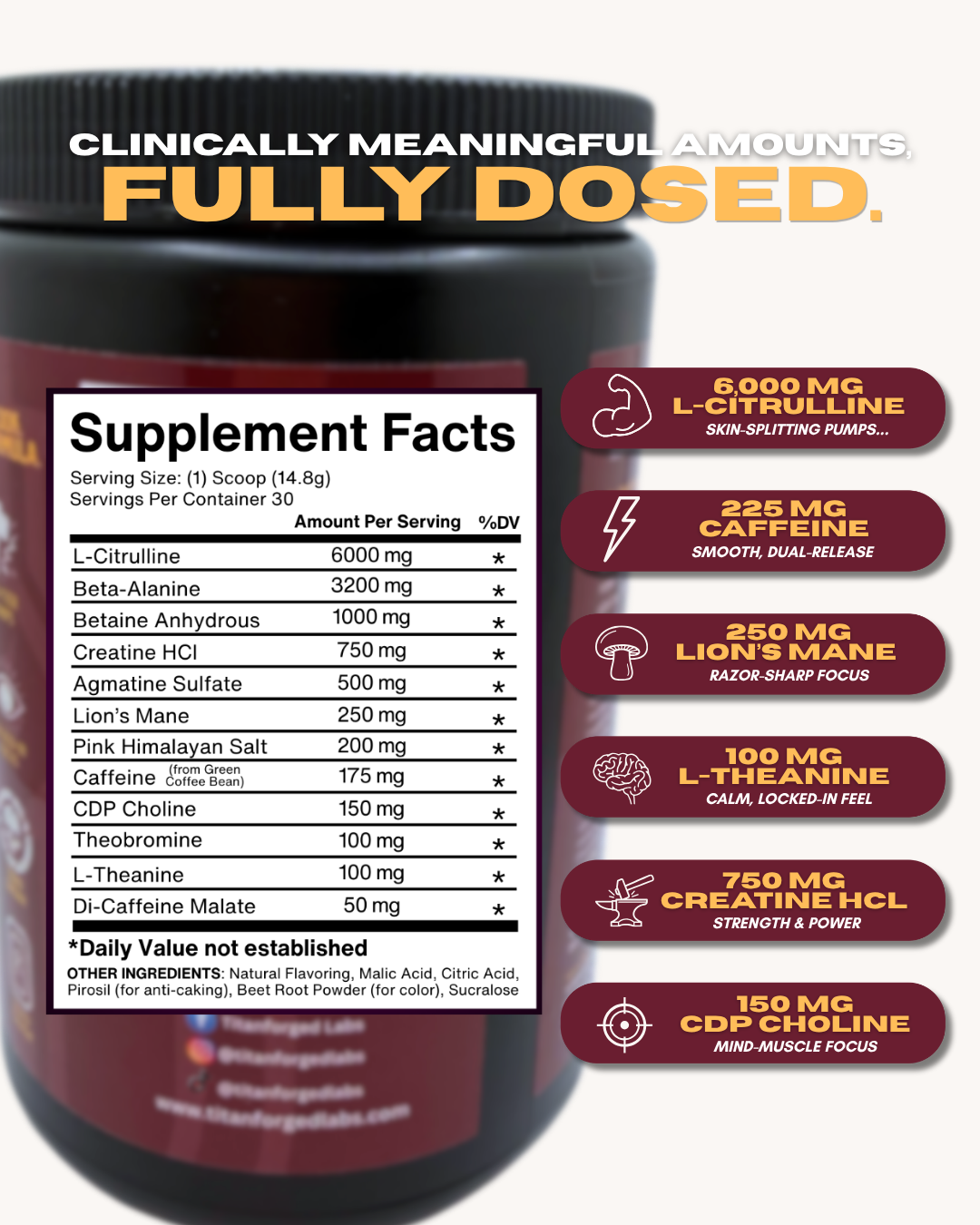 Ragnarok Supplement Facts panel: 6,000 mg citrulline, 3,200 mg beta-alanine, 225 mg caffeine