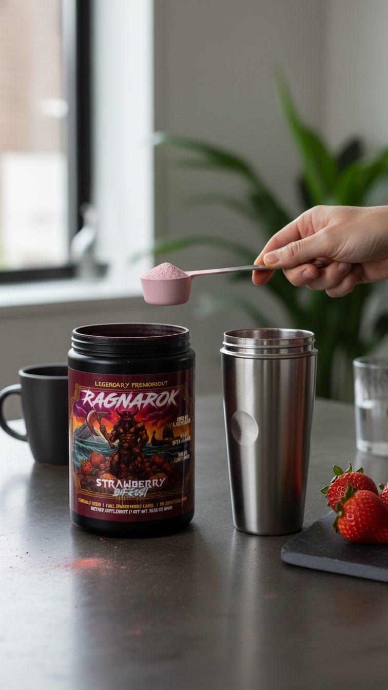 A scoop of Ragnarok beside a coffee mug and shaker