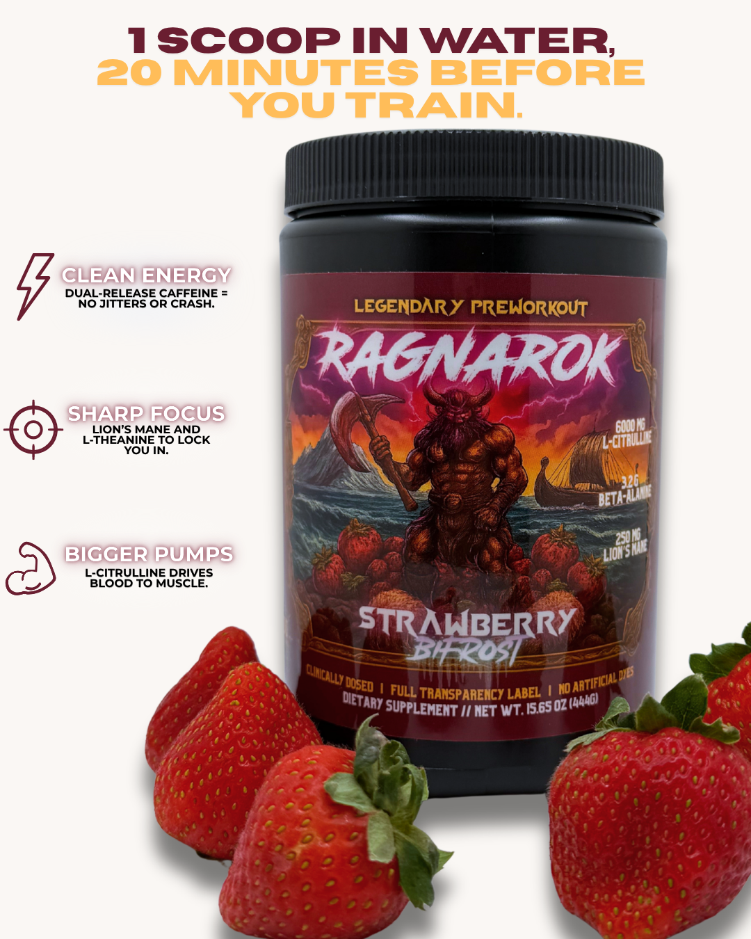 Ragnarok tub with 250 mg Lion's Mane and L-Theanine callouts